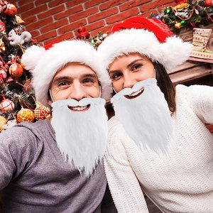 Detail view of Christmas Santa Claus hat and white fluffy beard costume set for holiday dress.