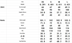 Detailed size chart for leopard print shirt and pants set including measurements from XS to L