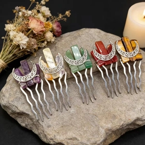 Handmade silver hair combs with natural crystals and moon charm for bridal gifts