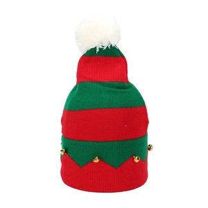 Festive red and green striped Christmas knit hat with pompom and golden jingle bells
