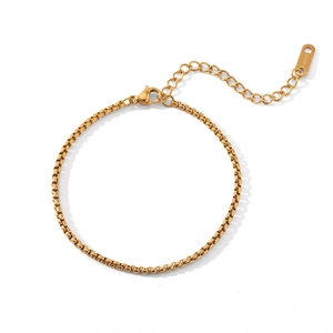Close-up of golden stainless steel box chain bracelet with S.Steel hallmark engraving
