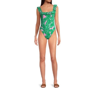 Detail of ruffled square neckline on palm leaf print one-piece swimsuit for women