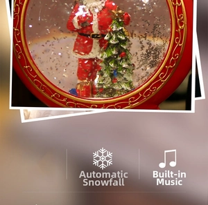 Close-up of a musical Christmas crystal ball featuring Santa Claus and a gift box inside