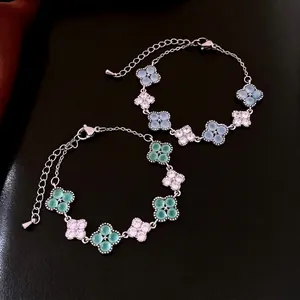Four Leaf Clover Bracelet Copper Jewelry For Women With Zircon And Synthetic Cat Eye Stone Flower Pendant Adjustable Accessory