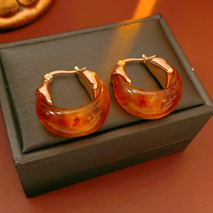 Détail de boucles d'oreilles en résine écaille de tortue avec fermoirs dorés sur boîte