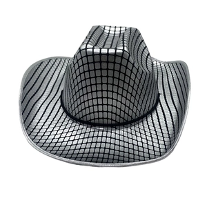 Macro detail of silver metallic cowboy hat with black grid pattern and wavy brim