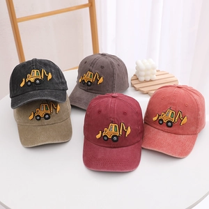 Boys washed cotton baseball cap with excavator embroidery in multiple colors