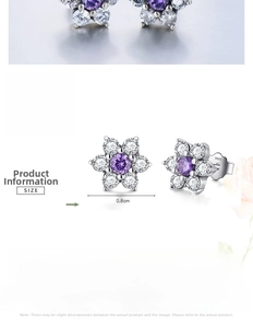 Detailed macro view of S925 sterling silver flower earrings with purple zircon stones