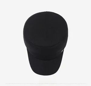 Top view of black winter cadet hat for men showing stitching details and flat top crown