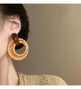 Detail of woven rattan hoop earring with tortoise shell resin stud on model