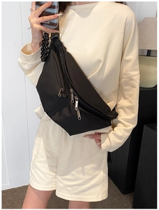 Detail of black nylon crossbody bag with wide strap and multiple zipper pockets