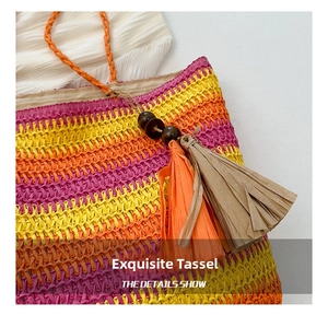 Detailed macro view of vibrant colorful straw tote with tassel charm and wooden beads