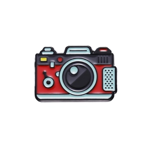 Unique geometric metal camera brooch pins in red, black and blue enamel finish