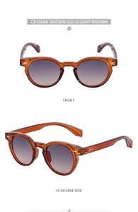 Detailed front and side views of vintage dark brown oval frame sunglasses with C8 gradient lens