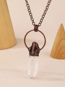 Vintage natural white crystal hexagonal pendant necklace with antique bronze chain