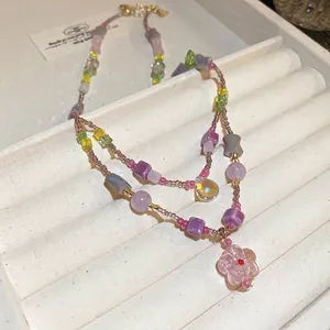 Handmade colorful glass flower beaded necklace with purple and pink star cubes for women