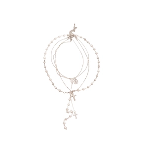 Y2K silver multi-layer necklace with cross and vintage religious coin pendants