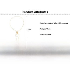 Detail view of gold sweater necklace with fringe pendant including size and weight specs