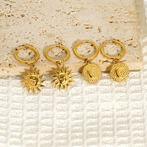 Vintage 18K gold plated celestial sun and moon charm hoop earrings for women