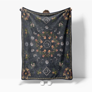 Charcoal flannel blanket with mystical moon phases and floral circular pattern