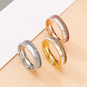 Three-color titanium steel rings with smooth and chain texture set in gold, silver, and rose gold