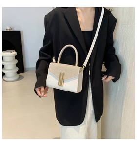 Detail of elegant sequined shoulder bag with gold clasp shown on model in black outfit
