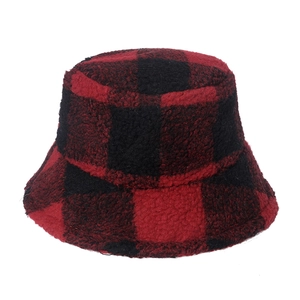 Red and black plaid winter bucket hat in soft fleece for men and women