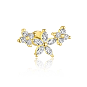 Macro shot of gold floral earrings featuring marquise zircon petals and mirror reflection