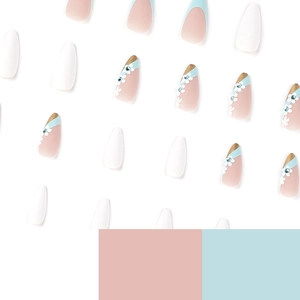 Blue and pink almond press on nails with hand-painted flowers and glitter rhinestones