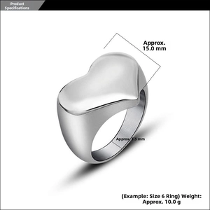 Macro view showing dimensions of heart-shaped polished stainless steel signet ring