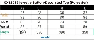 Detailed size guide table for women's top with jeweled buttons including XS to L measurements