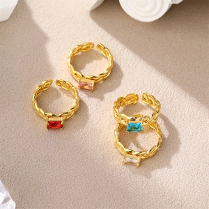 Gold plated stainless steel open ring set with colorful rectangular zircon gemstones