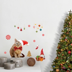 Christmas wall stickers featuring festive cats, holiday ornaments and colorful trees on white wall
