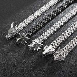 Macro view of detailed dragon head clasp and thick double-row braided steel chain