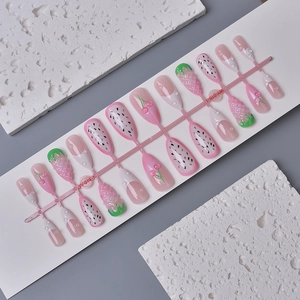 3D strawberry and cherry press-on nails with pink fruit patterns and pearl accents