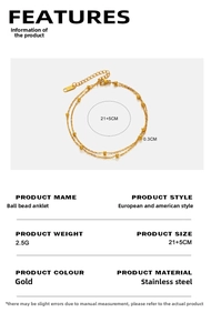 Detailliertes Diagramm einer goldenen, zweilagigen Perlen-Fußkette aus Edelstahl