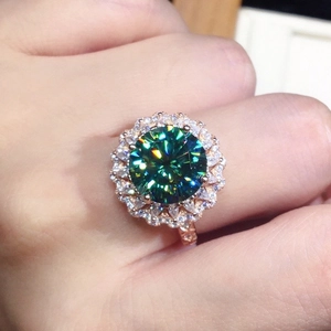 Luxurious rose gold halo ring featuring a large round green zircon and white accent stones