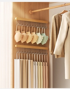Detail of wall-mounted solid wood pull-out hanger with durable metal hooks for closet storage
