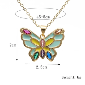 Detail of colorful enamel butterfly necklace with dimensions 45+5cm length and 2cm height