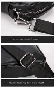 Detail of adjustable strap buckle and metal hardware on black pebble leather crossbody bag