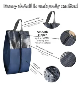 Detail of travel shoe bag with reinforced handle, smooth zipper, and waterproof mesh fabric