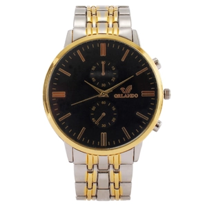 Fashionable men's quartz watch with bicolor gold-silver strap and black dial