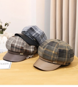 British style checkered baker boy hats in grey, tan and yellow plaid with leather brims