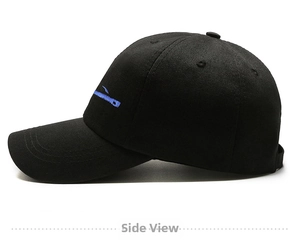 Side view detail of a black cotton baseball cap featuring blue stripe embroidery