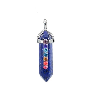 Detailed macro view of lapis lazuli hexagonal pendant with seven colorful chakra rhinestones