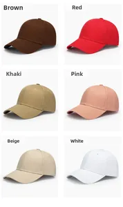Collection of baseball caps in brown, red, khaki, pink, beige, and white colors