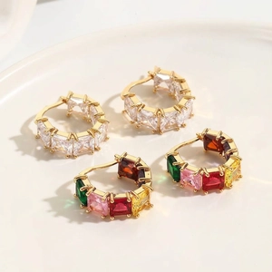 Square zircon stud earrings in white and multicolor gems on gold plating