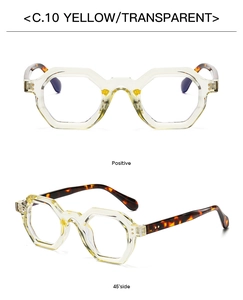 Detailed front and side view of yellow transparent polygon eyewear frames with tortoiseshell temples