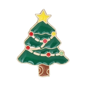 Green Christmas tree enamel brooch with golden trim and colorful festive ornaments