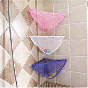 Three-color mesh bathroom toy organizers in pink, white, and blue with suction cups